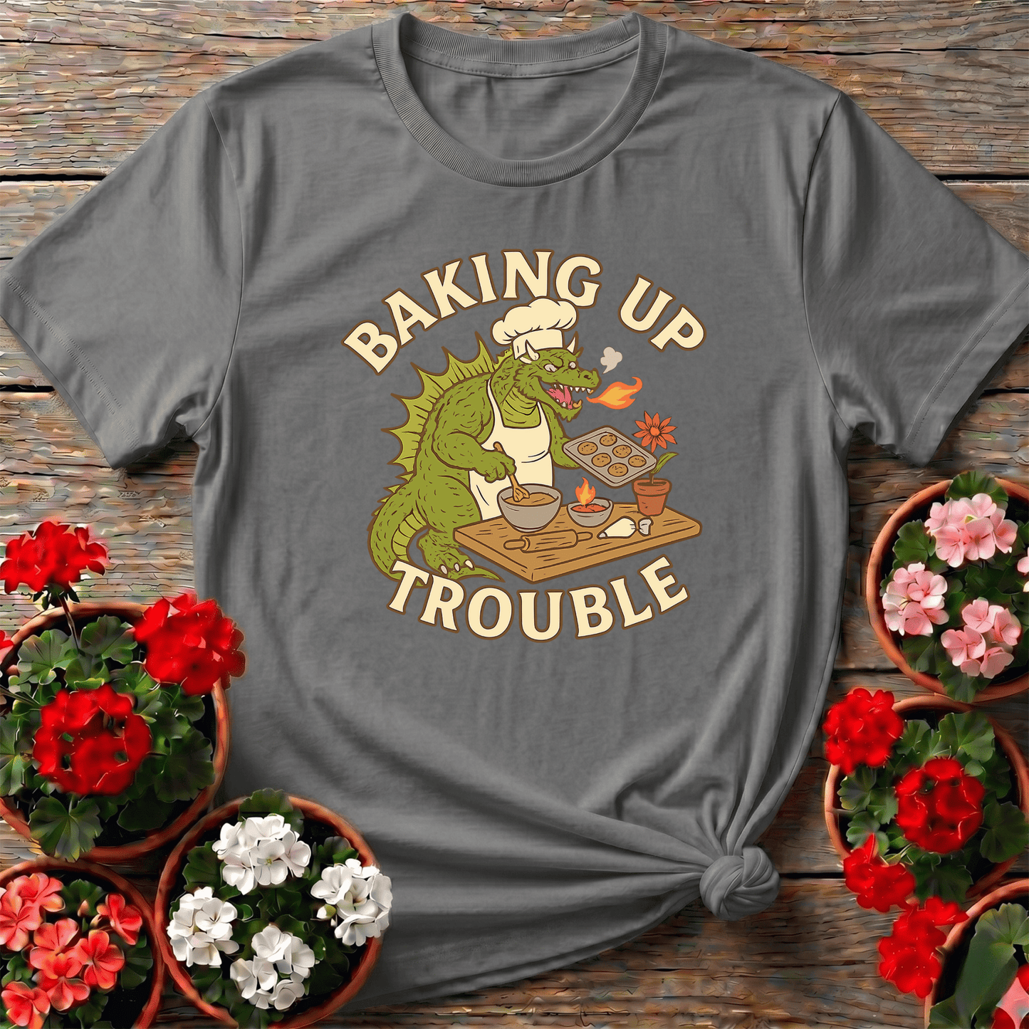 Baking Up Trouble Funny Dragon Gardener T-Shirt - GardeningTshirts