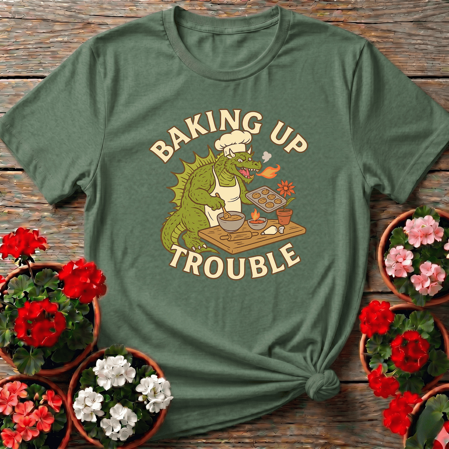 Baking Up Trouble Funny Dragon Gardener T-Shirt - GardeningTshirts