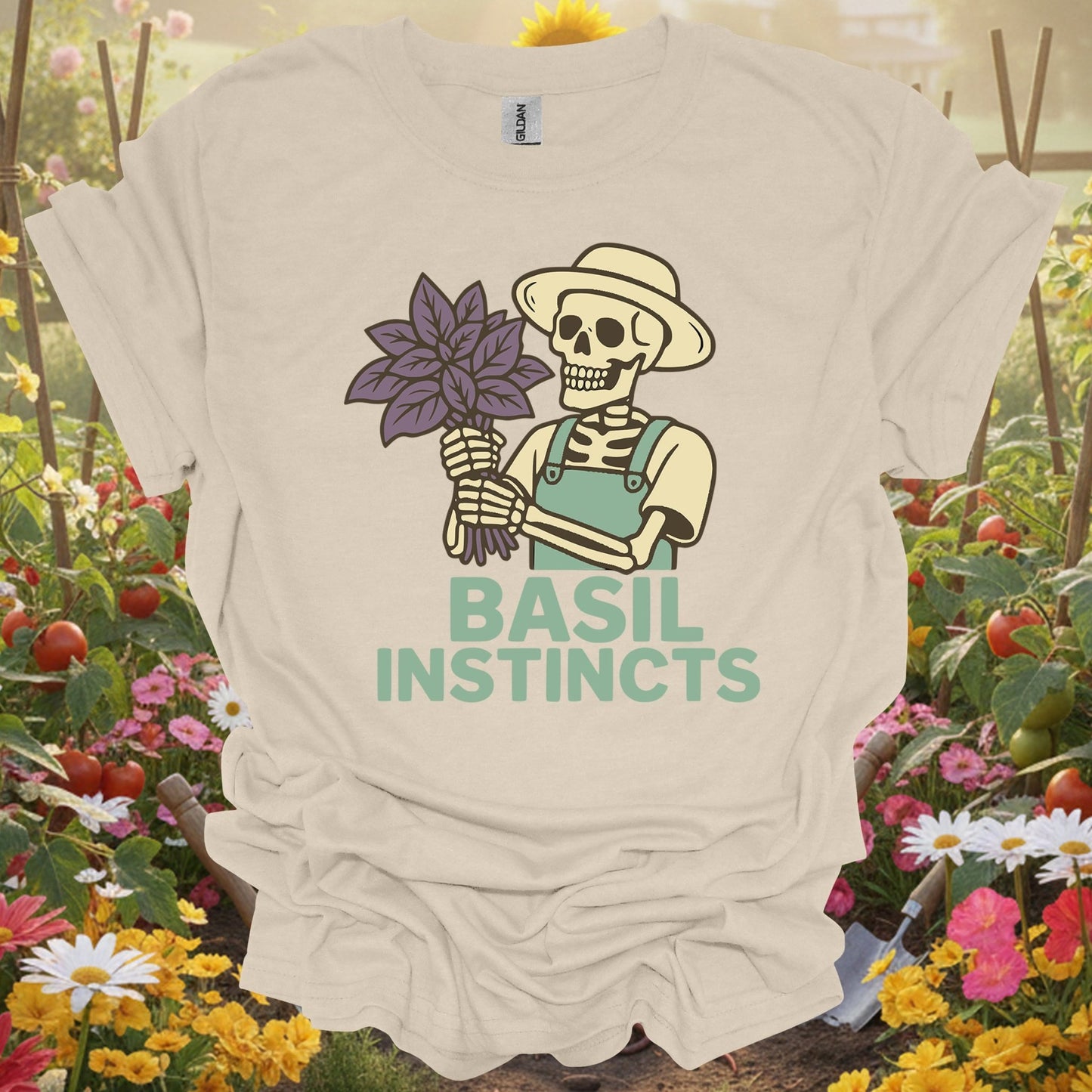 "Basil Instincts" Funny Skeleton Gardener T-Shirt - GardeningTshirts