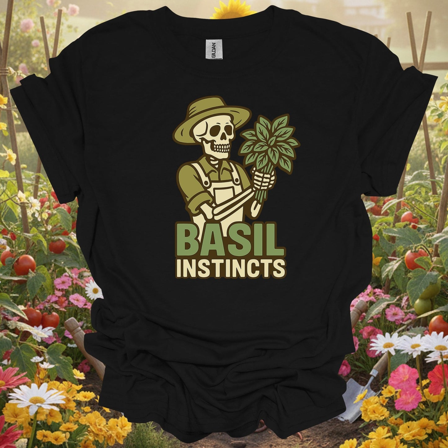 "Basil Instincts" Funny Skeleton Gardener T-Shirt - GardeningTshirts