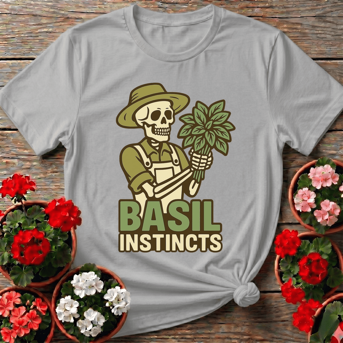 Basil Instincts Funny Skeleton Gardener T-shirt - GardeningTshirts