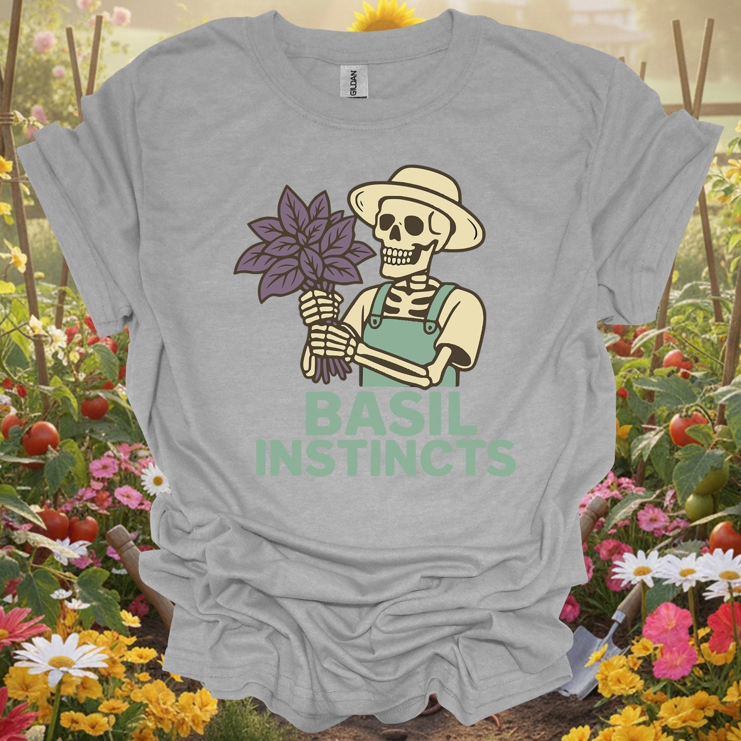 "Basil Instincts" Funny Skeleton Gardener T-Shirt - GardeningTshirts