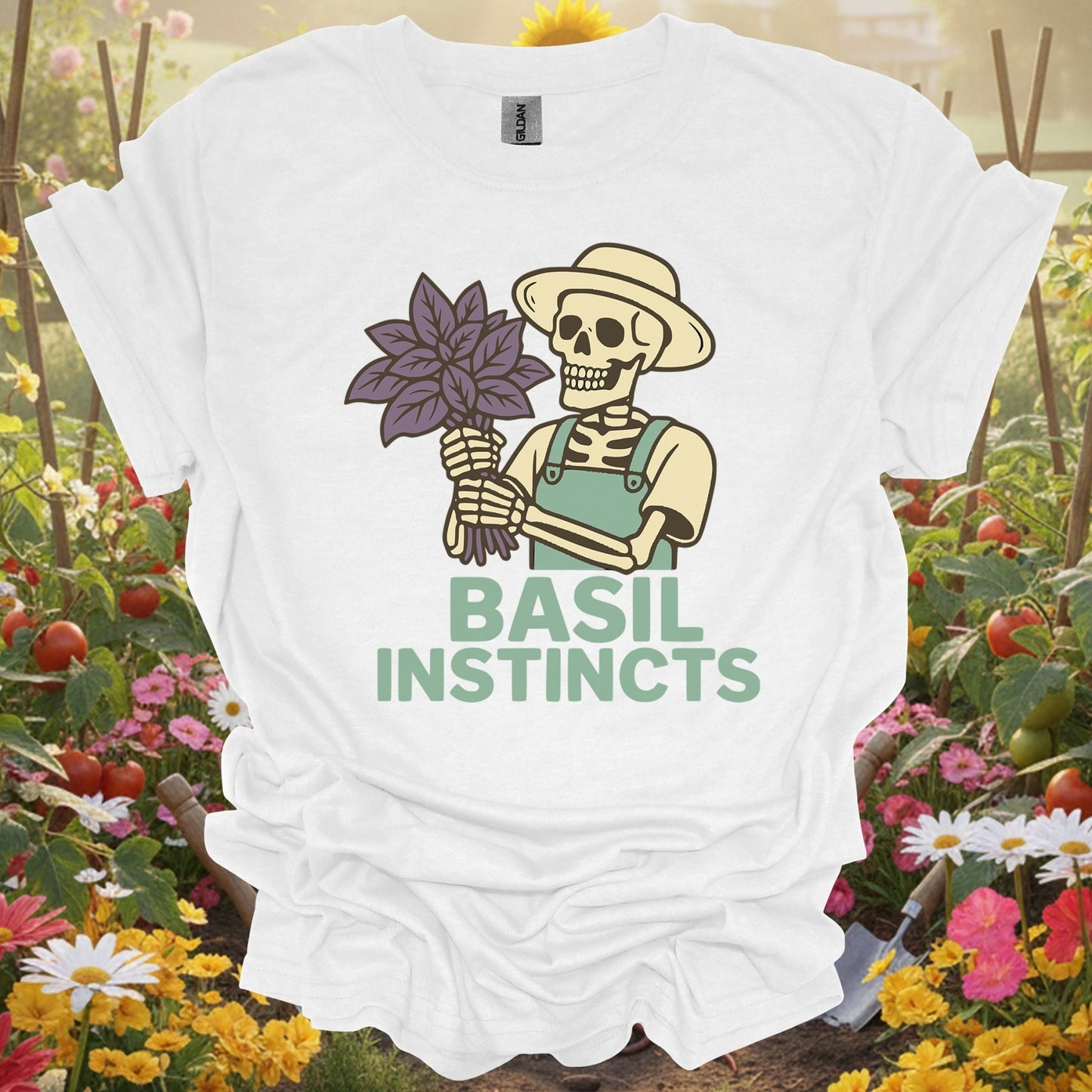 "Basil Instincts" Funny Skeleton Gardener T-Shirt - GardeningTshirts