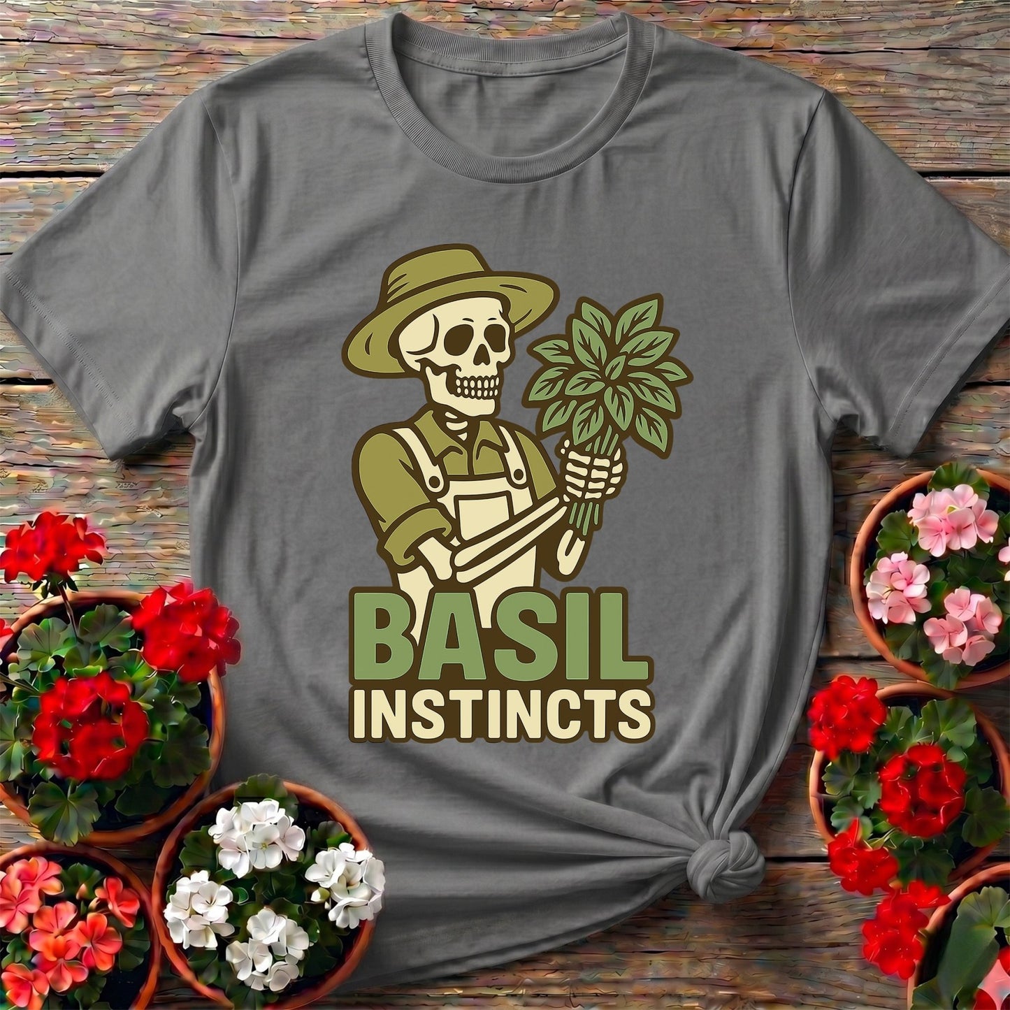 Basil Instincts Funny Skeleton Gardener T-shirt - GardeningTshirts