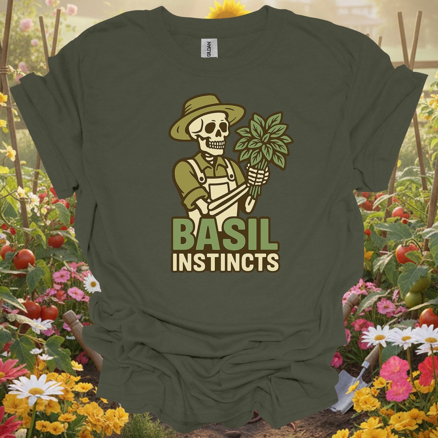 "Basil Instincts" Funny Skeleton Gardener T-Shirt - GardeningTshirts