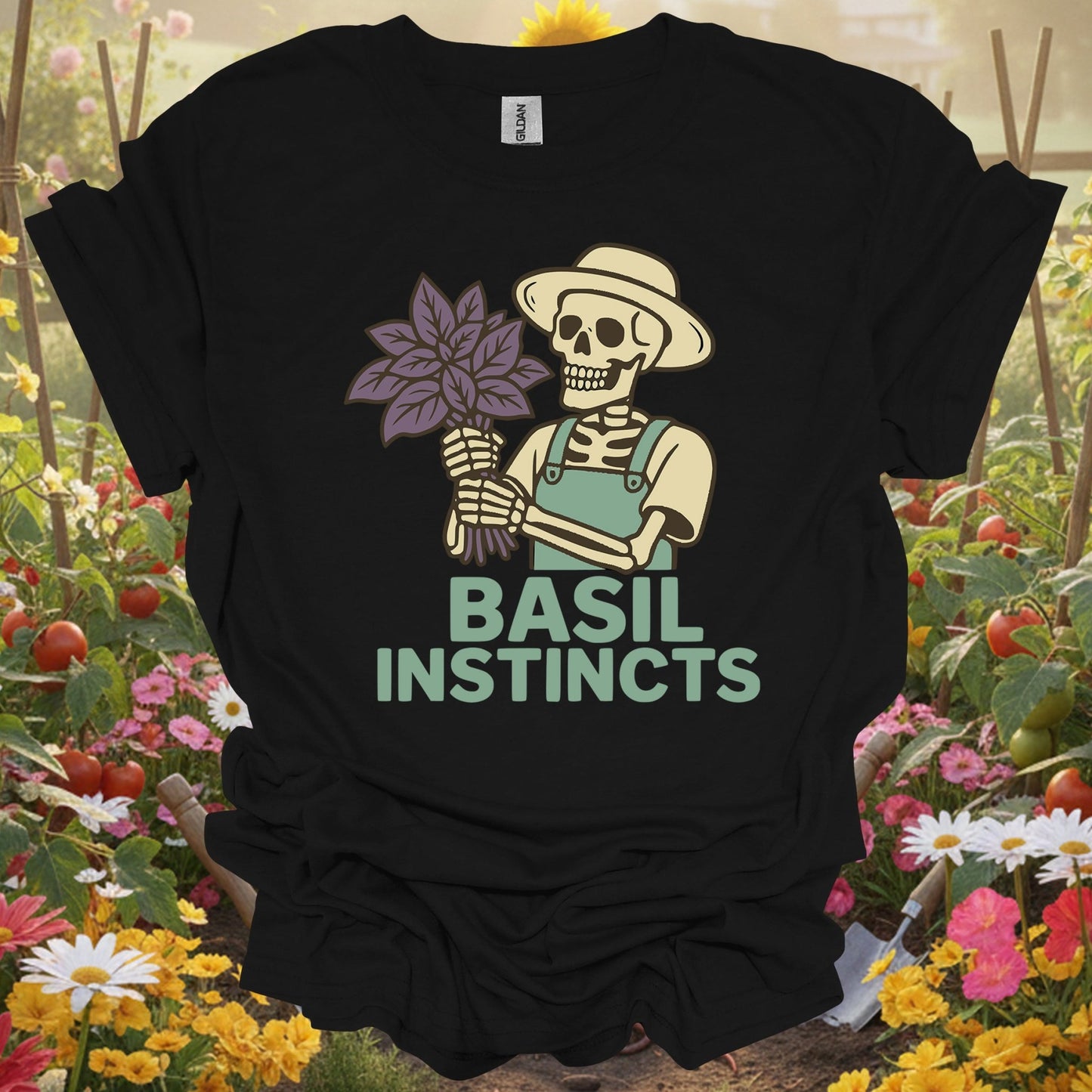 "Basil Instincts" Funny Skeleton Gardener T-Shirt - GardeningTshirts