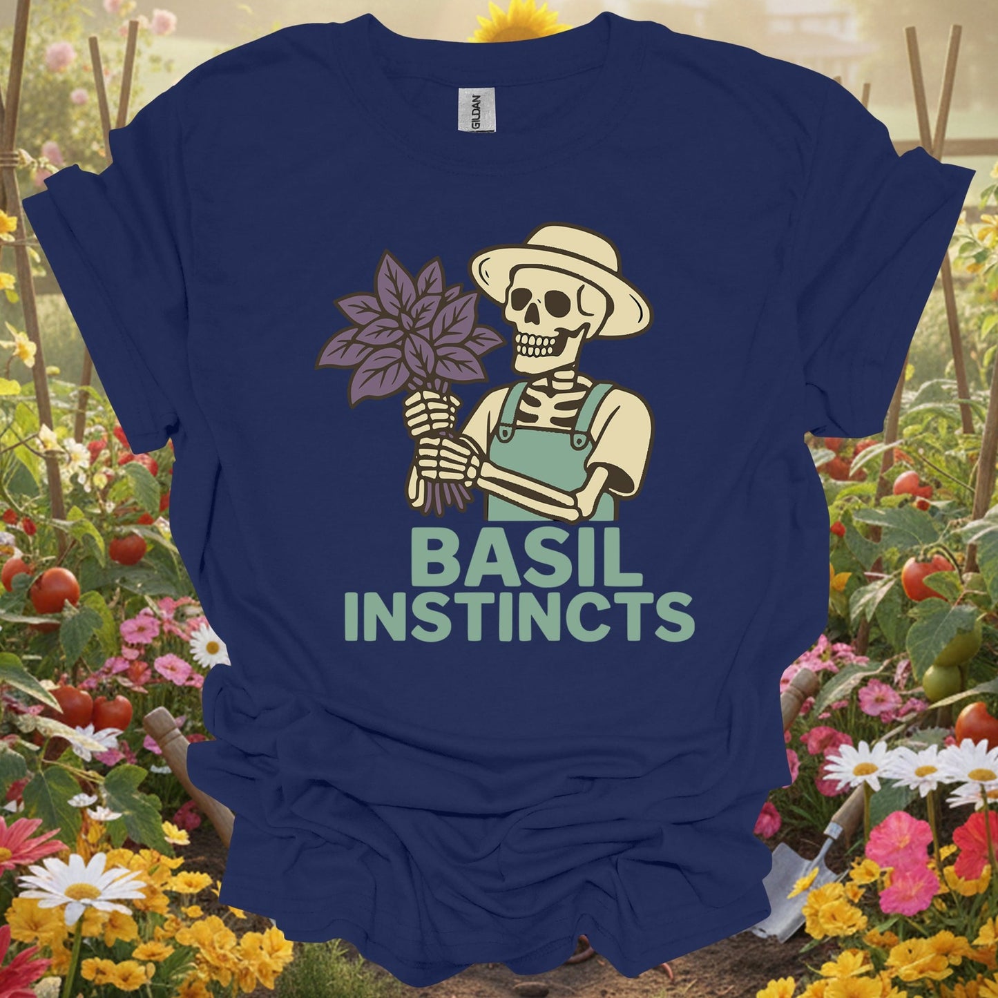"Basil Instincts" Funny Skeleton Gardener T-Shirt - GardeningTshirts