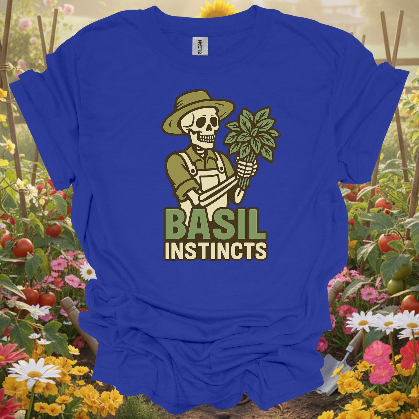 "Basil Instincts" Funny Skeleton Gardener T-Shirt - GardeningTshirts
