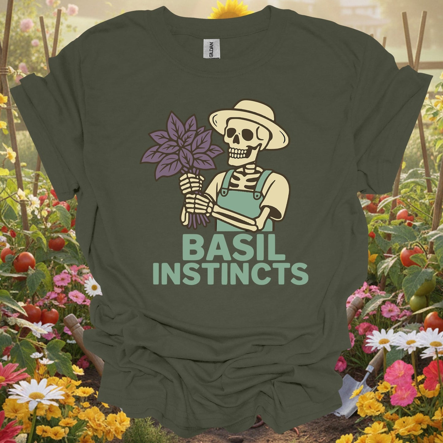 "Basil Instincts" Funny Skeleton Gardener T-Shirt - GardeningTshirts