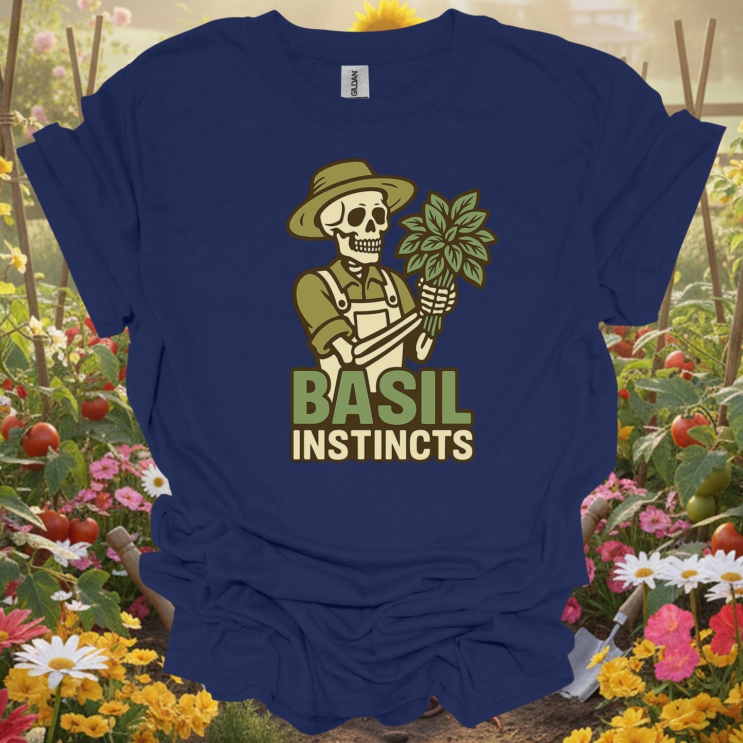 "Basil Instincts" Funny Skeleton Gardener T-Shirt - GardeningTshirts