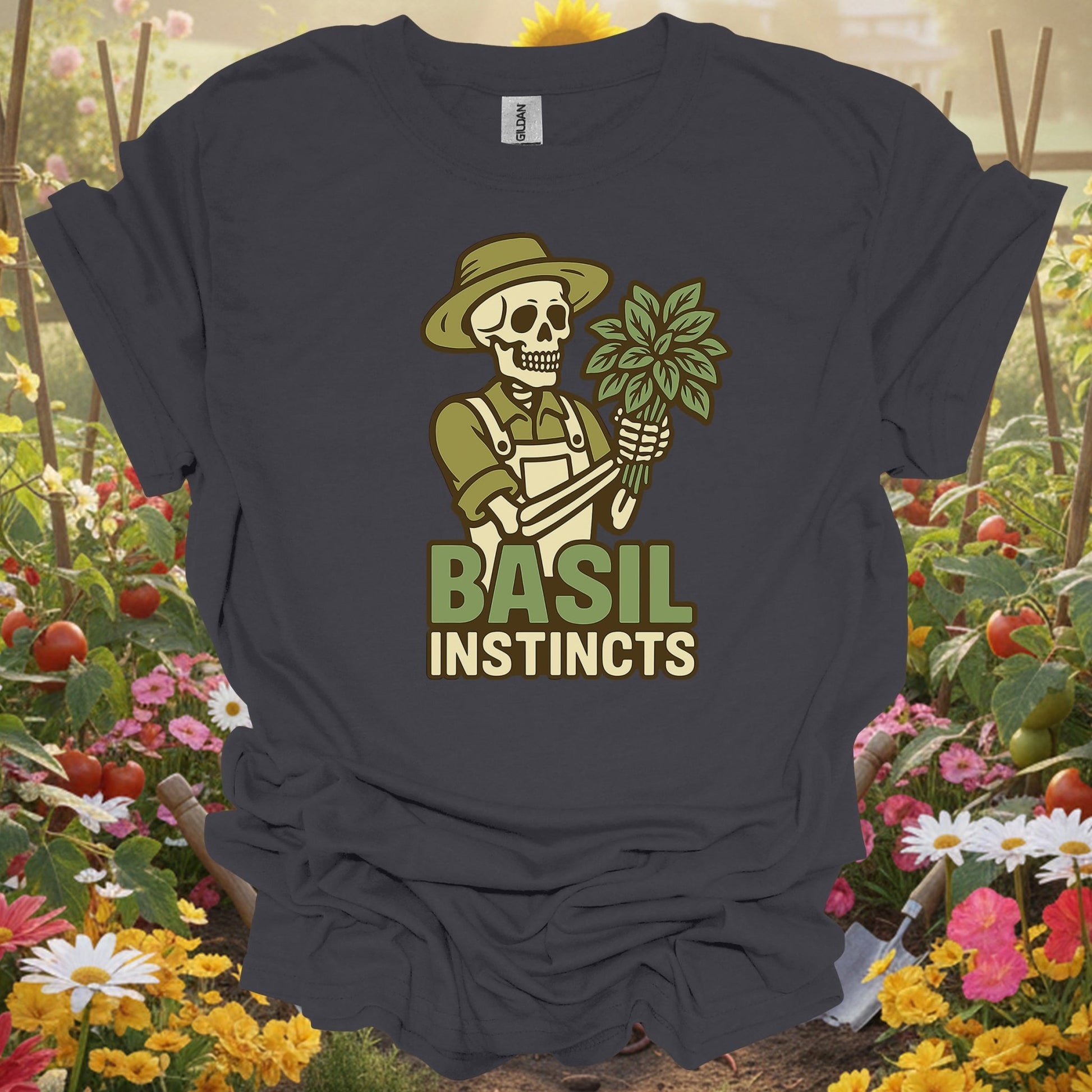 "Basil Instincts" Funny Skeleton Gardener T-Shirt - GardeningTshirts