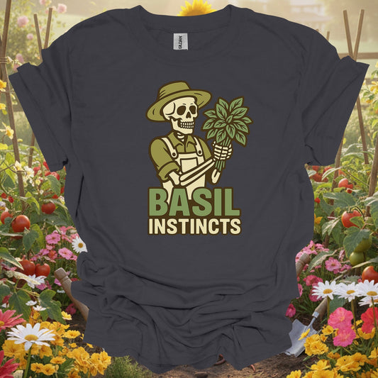 "Basil Instincts" Funny Skeleton Gardener T-Shirt - GardeningTshirts