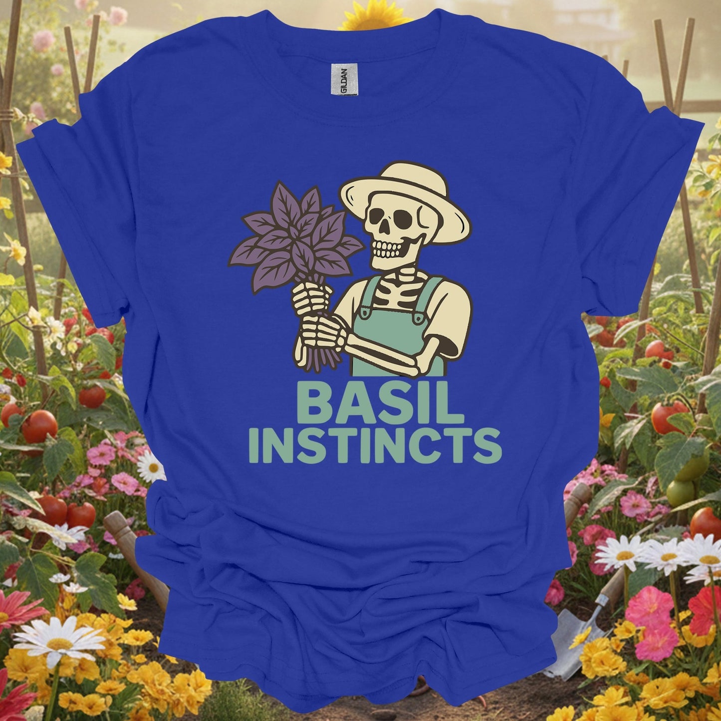 "Basil Instincts" Funny Skeleton Gardener T-Shirt - GardeningTshirts