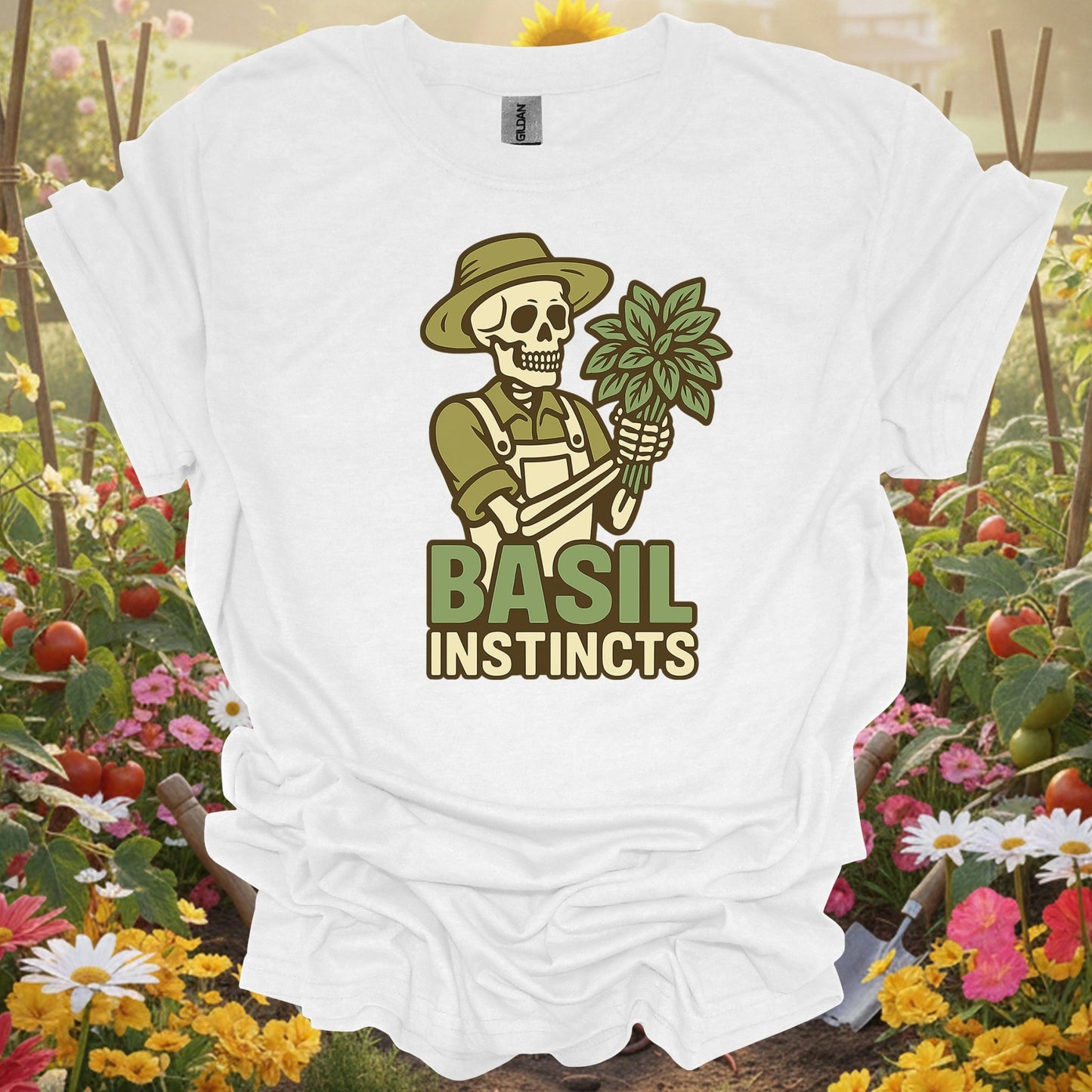 "Basil Instincts" Funny Skeleton Gardener T-Shirt - GardeningTshirts