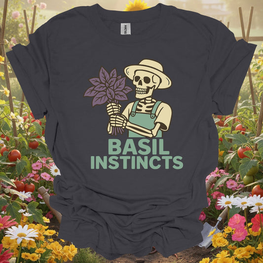 "Basil Instincts" Funny Skeleton Gardener T-Shirt - GardeningTshirts