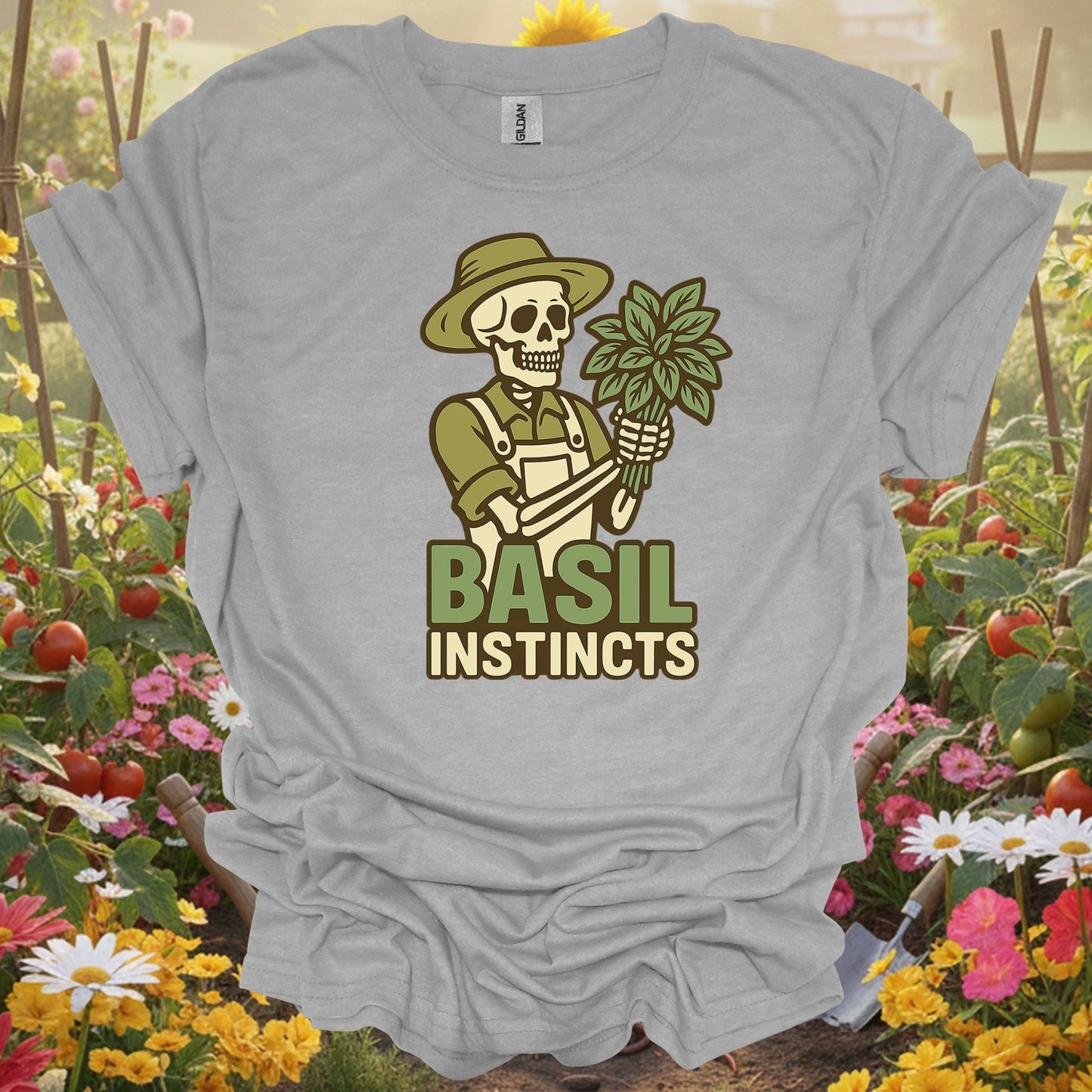 "Basil Instincts" Funny Skeleton Gardener T-Shirt - GardeningTshirts