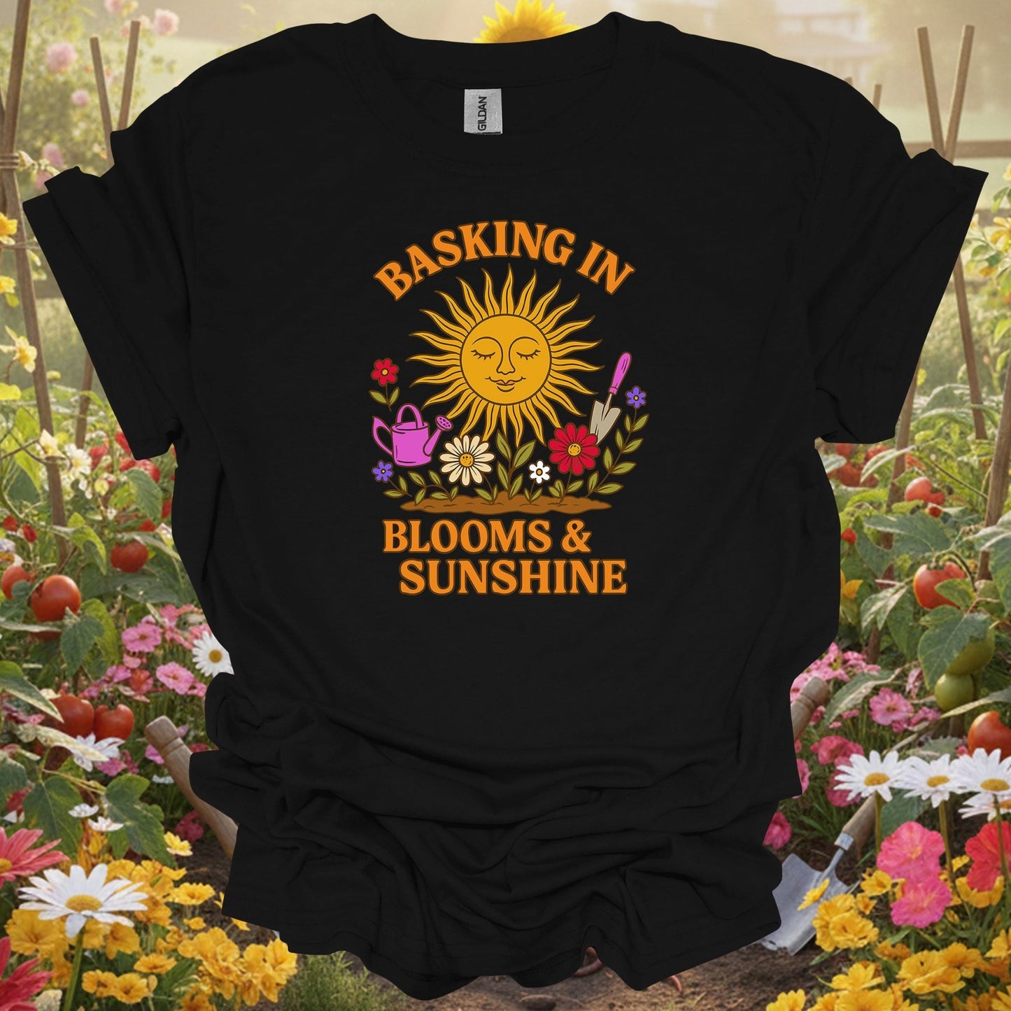 Black shirt showing basking in blooms sunshine retro happy sun for outdoor enthusiasts
