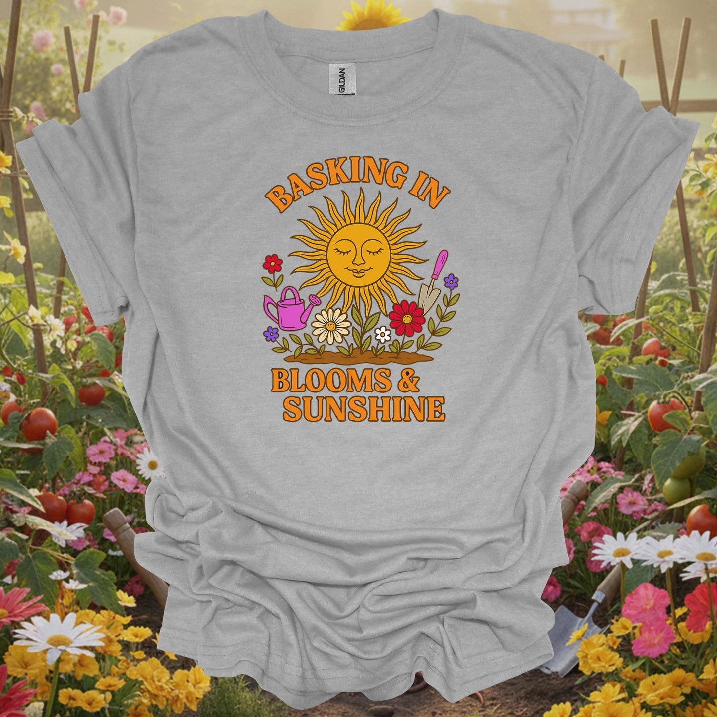 Sport Grey tshirt showing basking in blooms sunshine retro happy sun for backyard growers