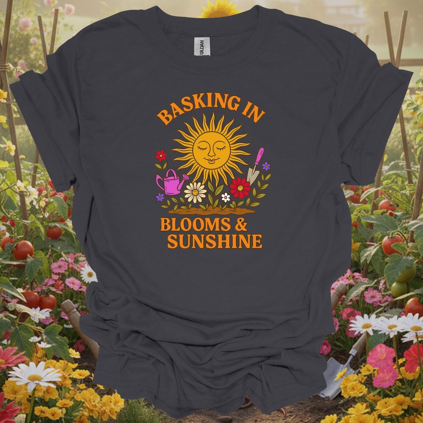 Charcoal tshirt showing basking in blooms sunshine retro happy sun for gardening enthusiasts