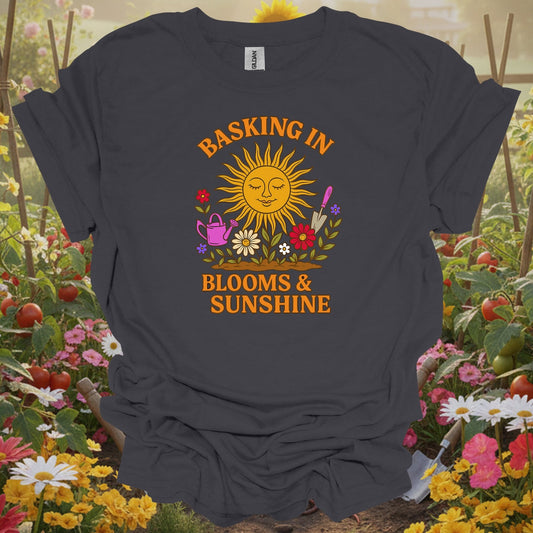 Charcoal tshirt showing basking in blooms sunshine retro happy sun for gardening enthusiasts