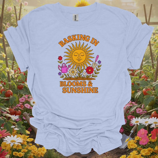 Light Blue tee showing basking in blooms sunshine retro happy sun for plant lovers