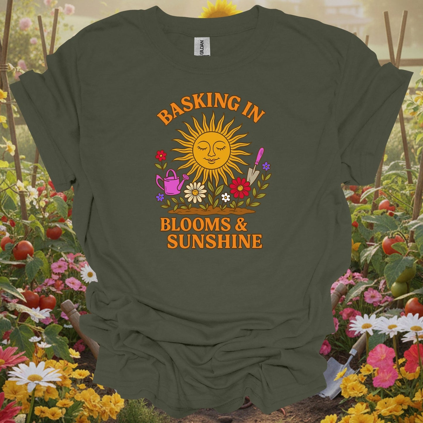 Military Green top showing basking in blooms sunshine retro happy sun for nature lovers
