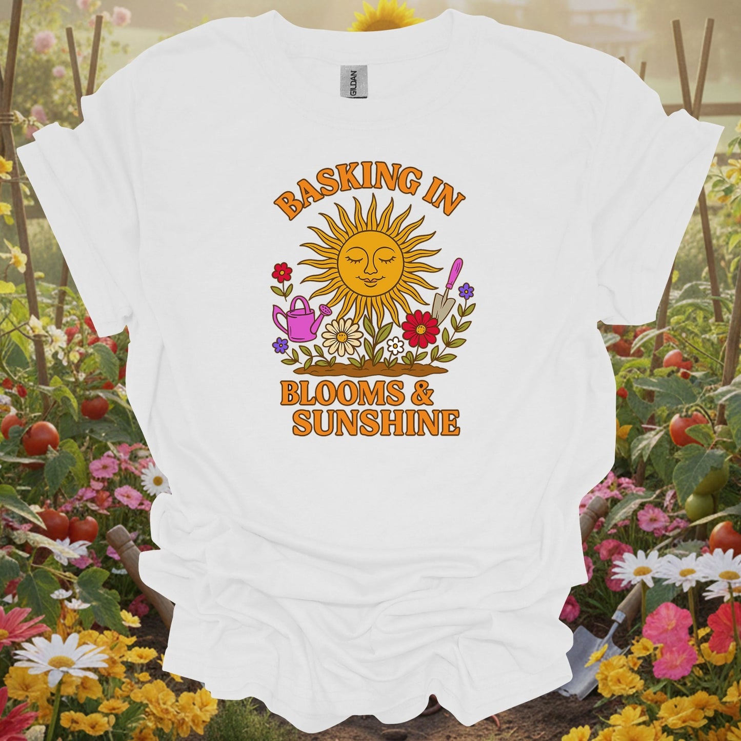 White tee showing basking in blooms sunshine retro happy sun for garden hobbyists