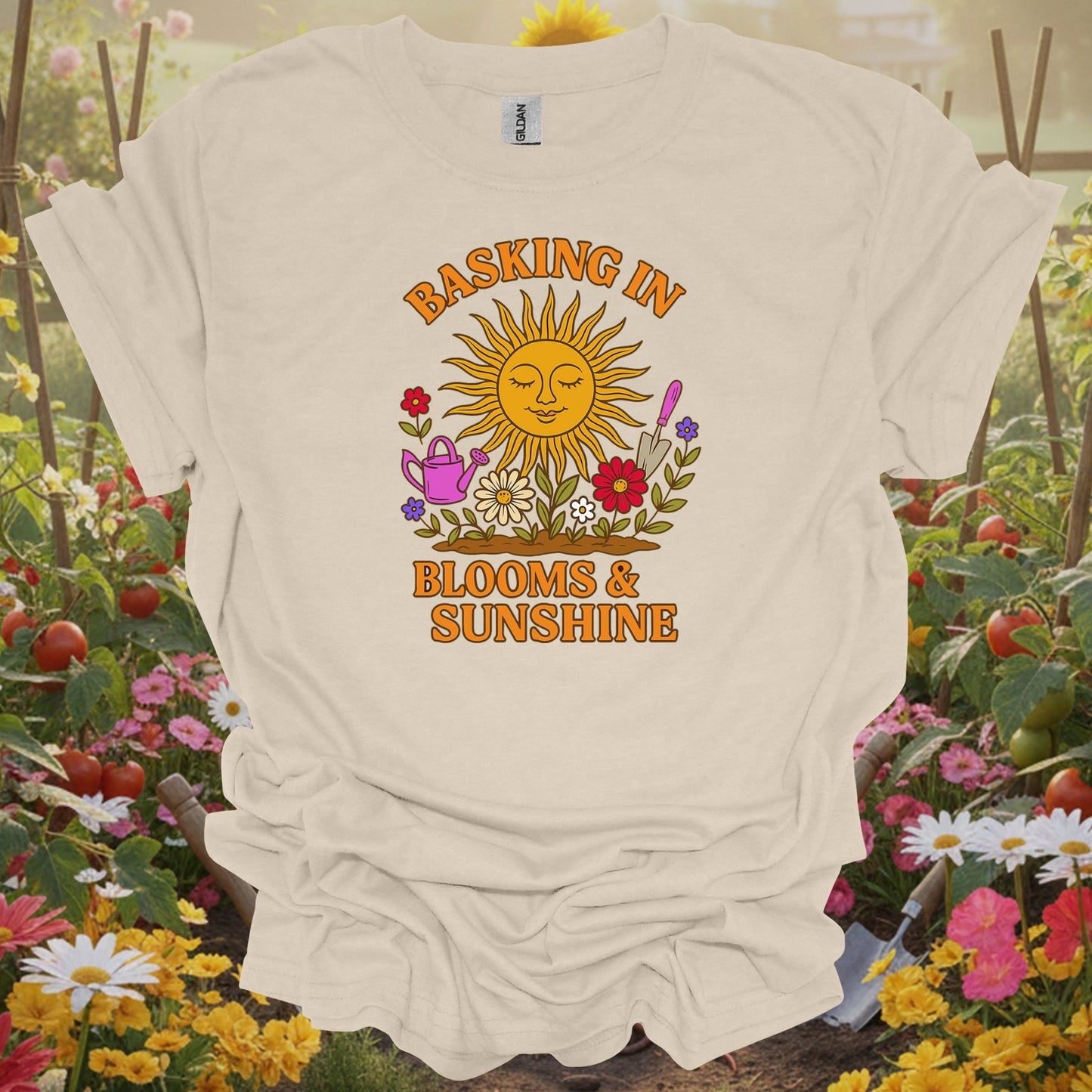 Natural tshirt showing basking in blooms sunshine retro happy sun for people who love plants