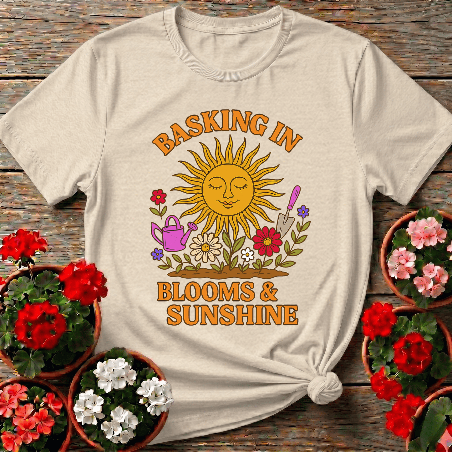 Basking In Blooms Sunshine Retro Happy Sun Tee - GardeningTshirts