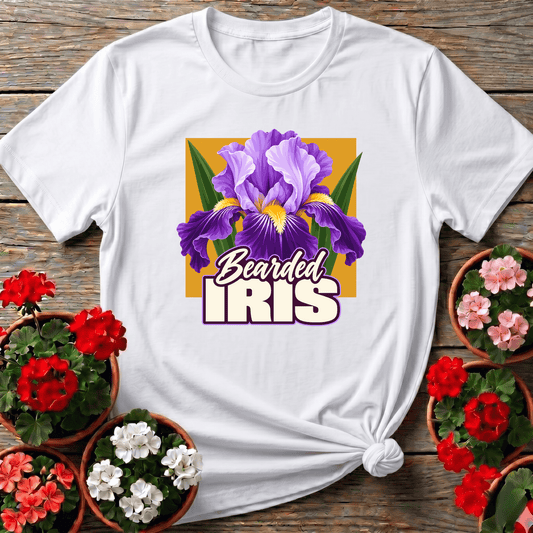 White bold cottagecore iris flower shirt for spring gardeners who love purple blooms