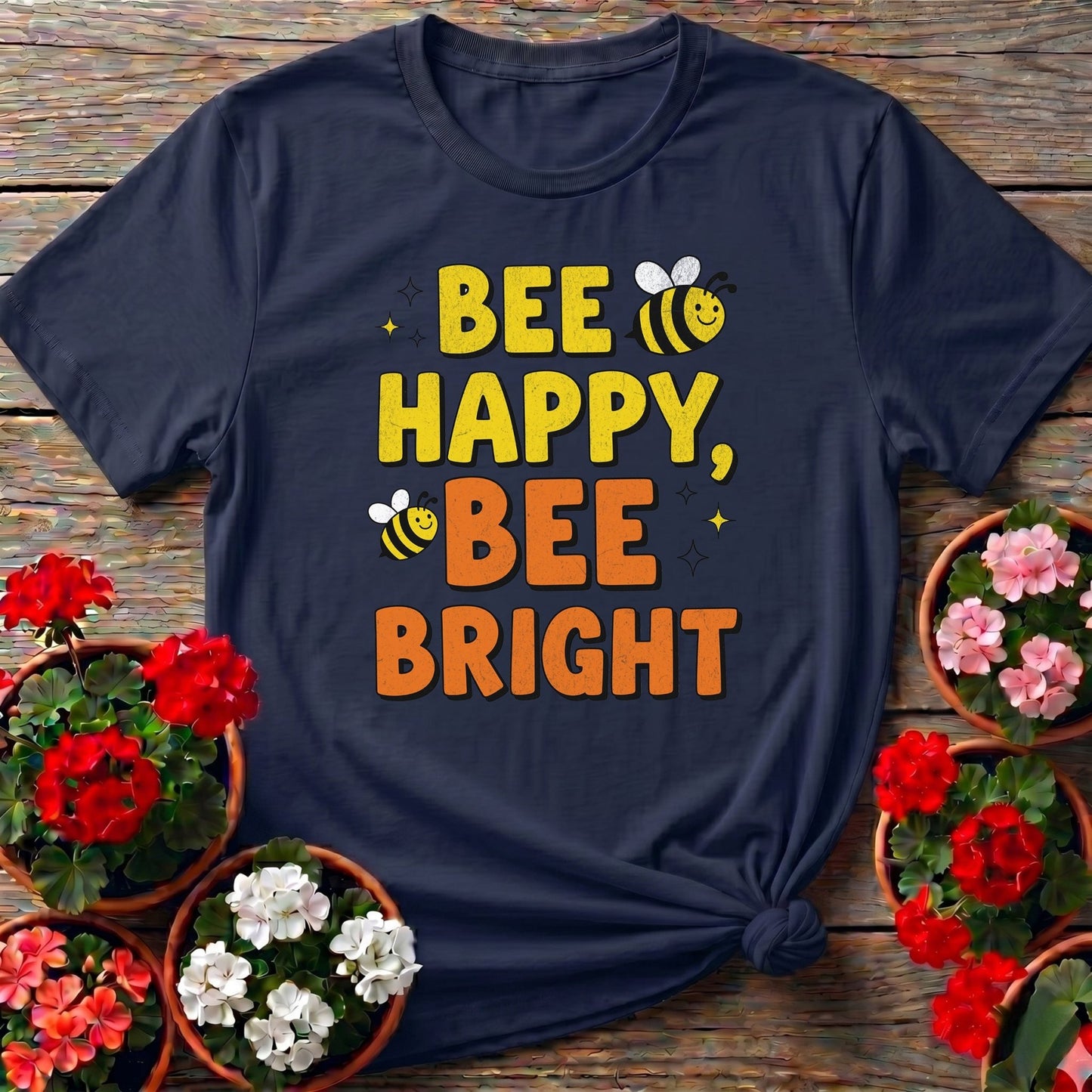 Bee Happy Bee Bright Vintage Style Tee - GardeningTshirts