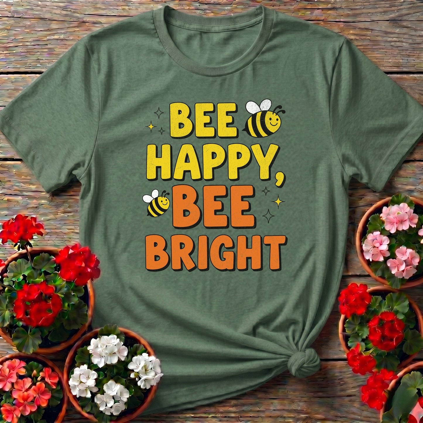 Bee Happy Bee Bright Vintage Style Tee - GardeningTshirts