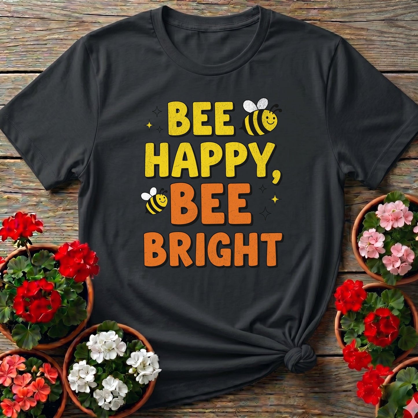 Bee Happy Bee Bright Vintage Style Tee - GardeningTshirts