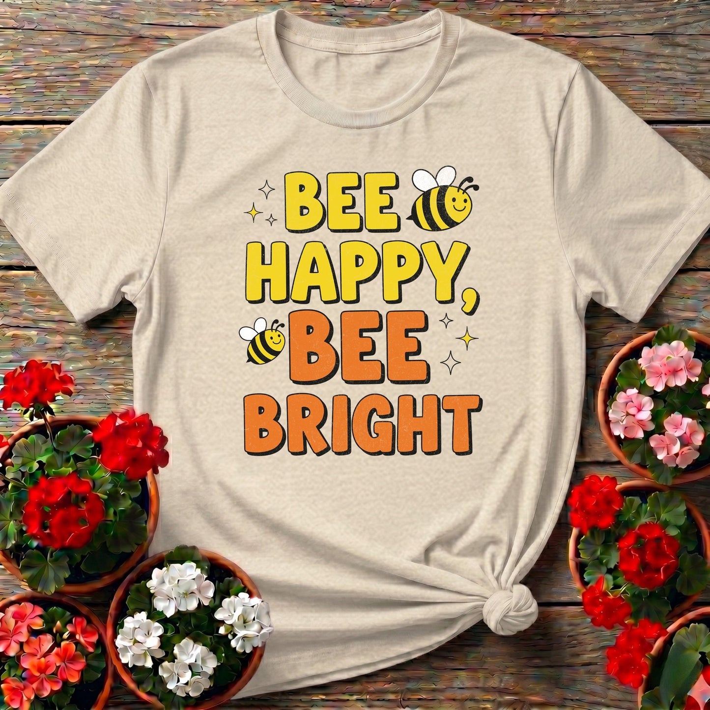 Bee Happy Bee Bright Vintage Style Tee - GardeningTshirts