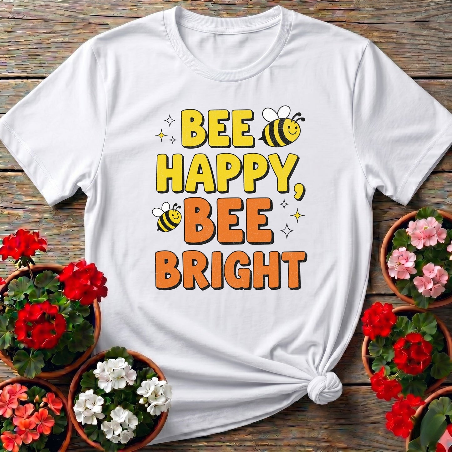 Bee Happy Bee Bright Vintage Style Tee - GardeningTshirts