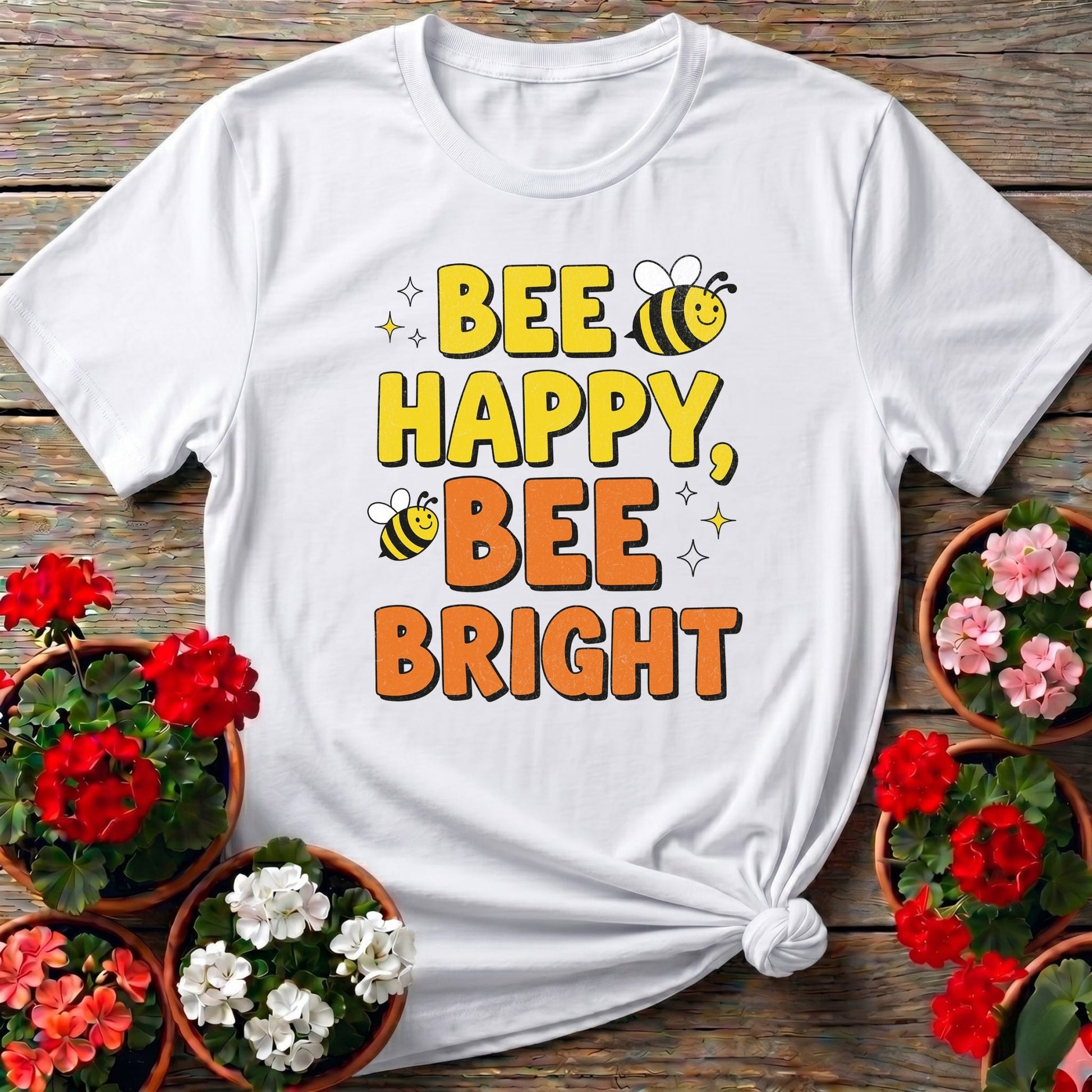 Bee Happy Bee Bright Vintage Style Tee - GardeningTshirts