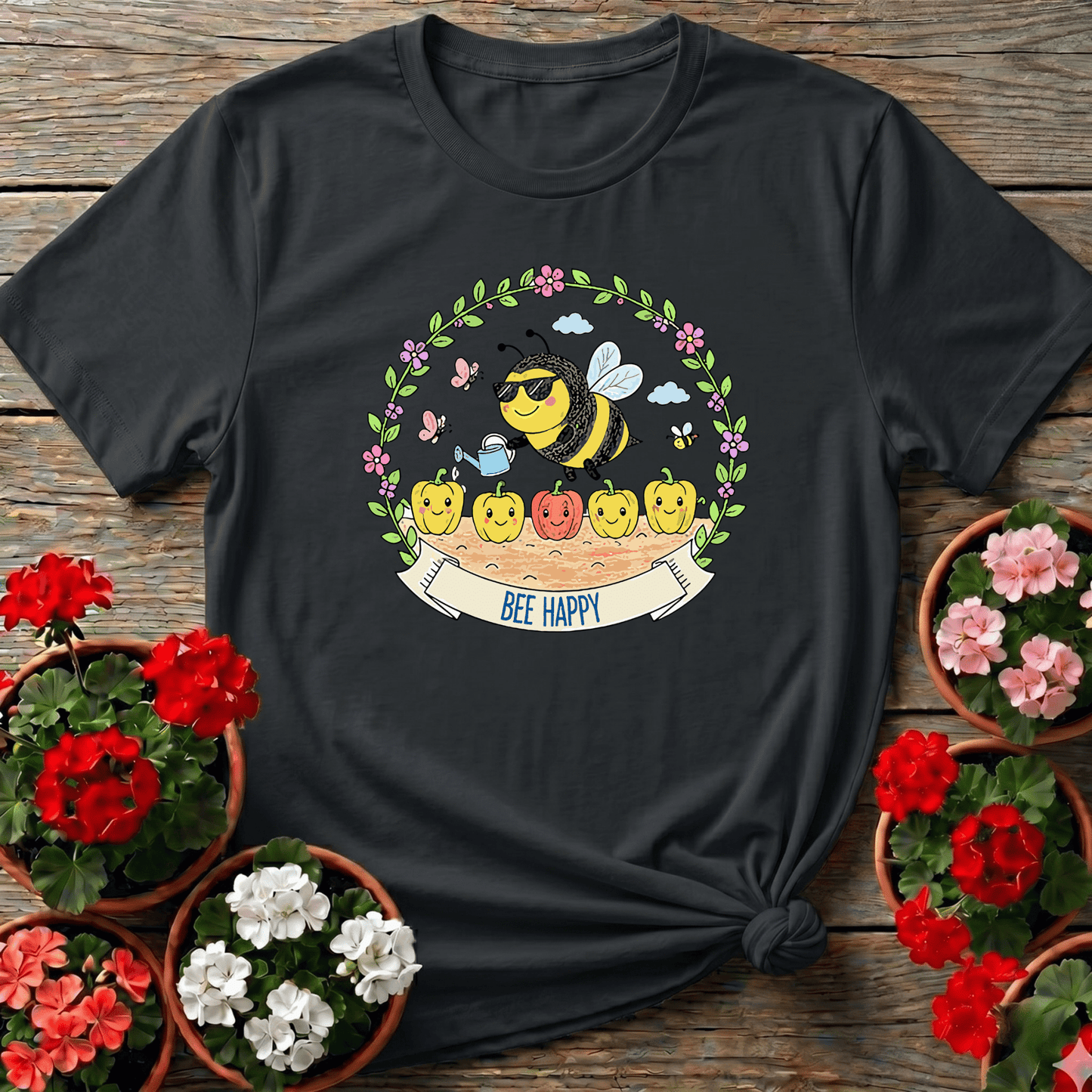 Bee Happy Gardening Tee with Cute Bee Watering Peppers - GardeningTshirts