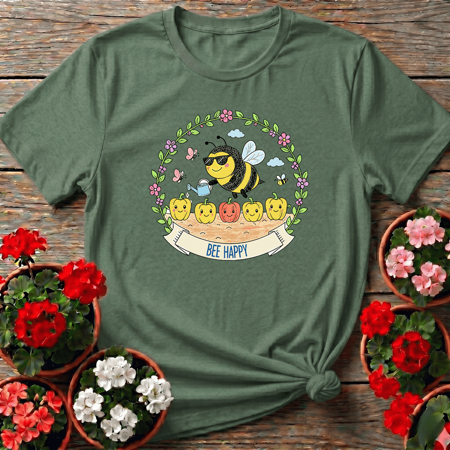 Bee Happy Gardening Tee with Cute Bee Watering Peppers - GardeningTshirts