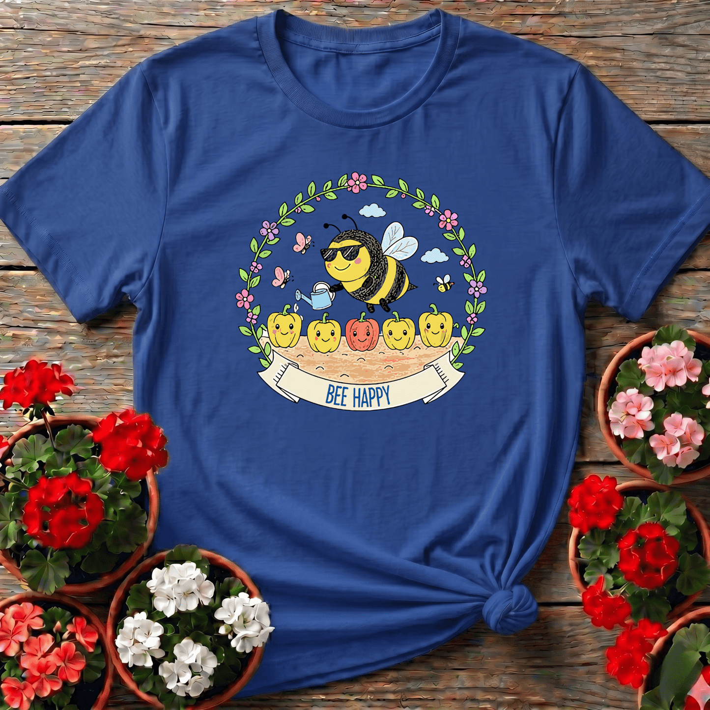 Bee Happy Gardening Tee with Cute Bee Watering Peppers - GardeningTshirts