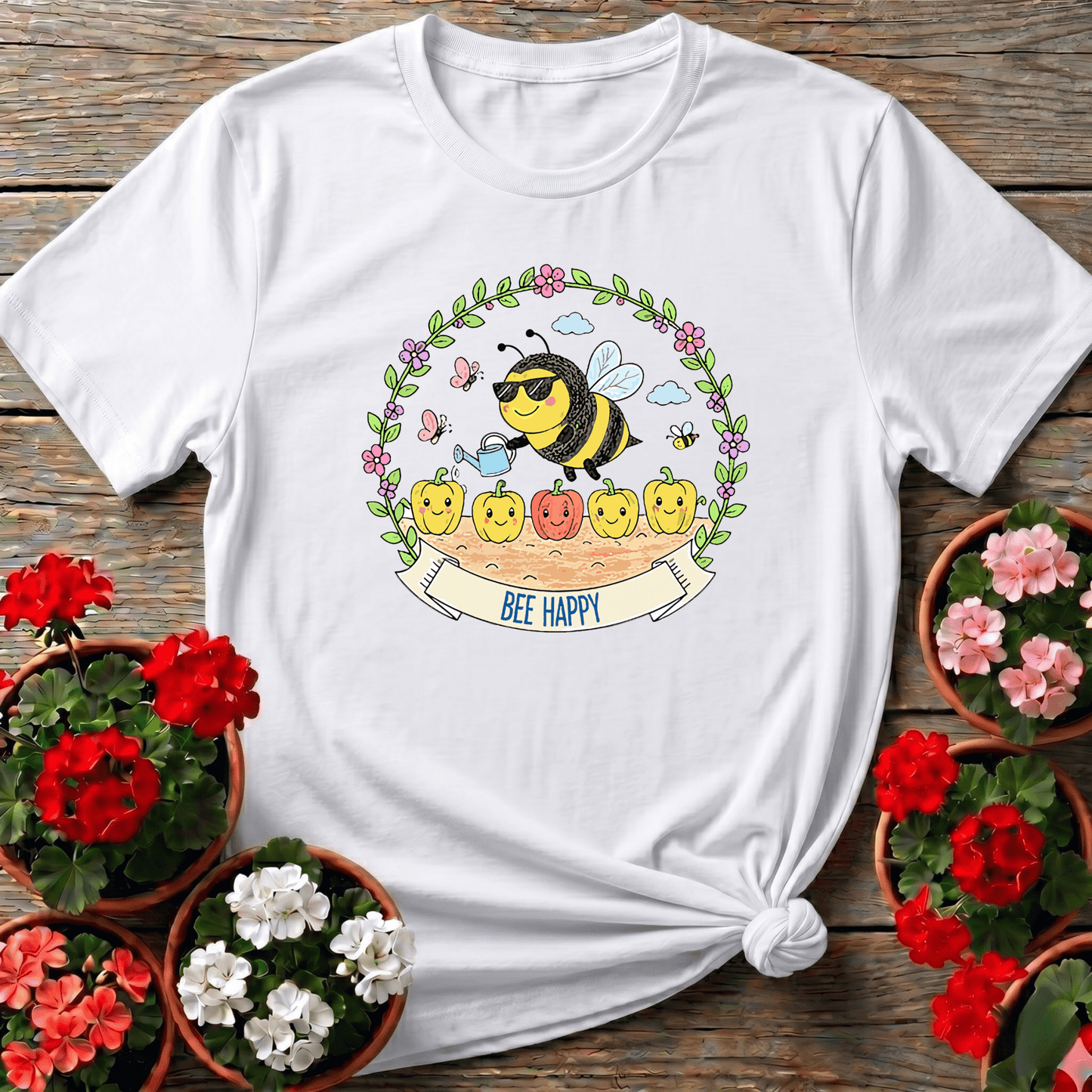 Bee Happy Gardening Tee with Cute Bee Watering Peppers - GardeningTshirts