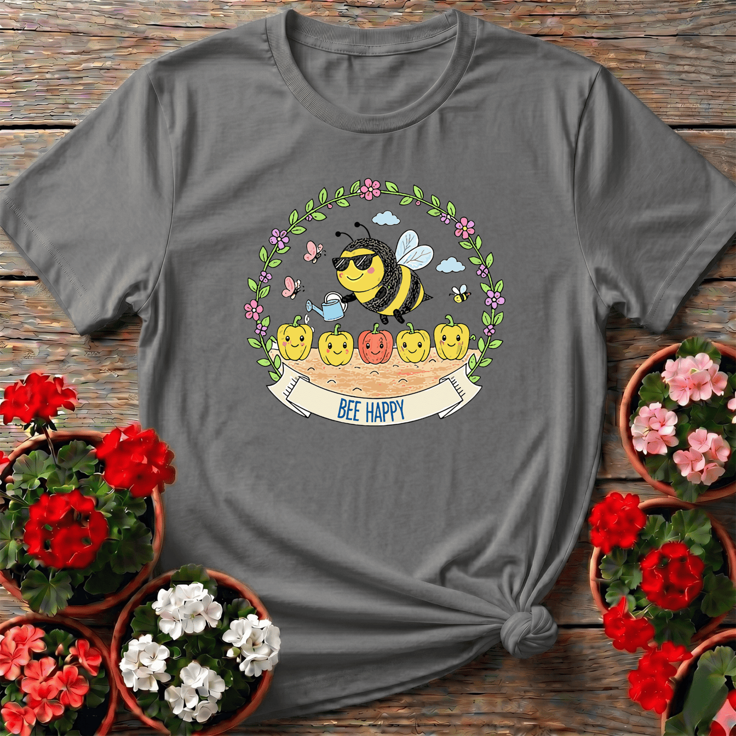 Bee Happy Gardening Tee with Cute Bee Watering Peppers - GardeningTshirts