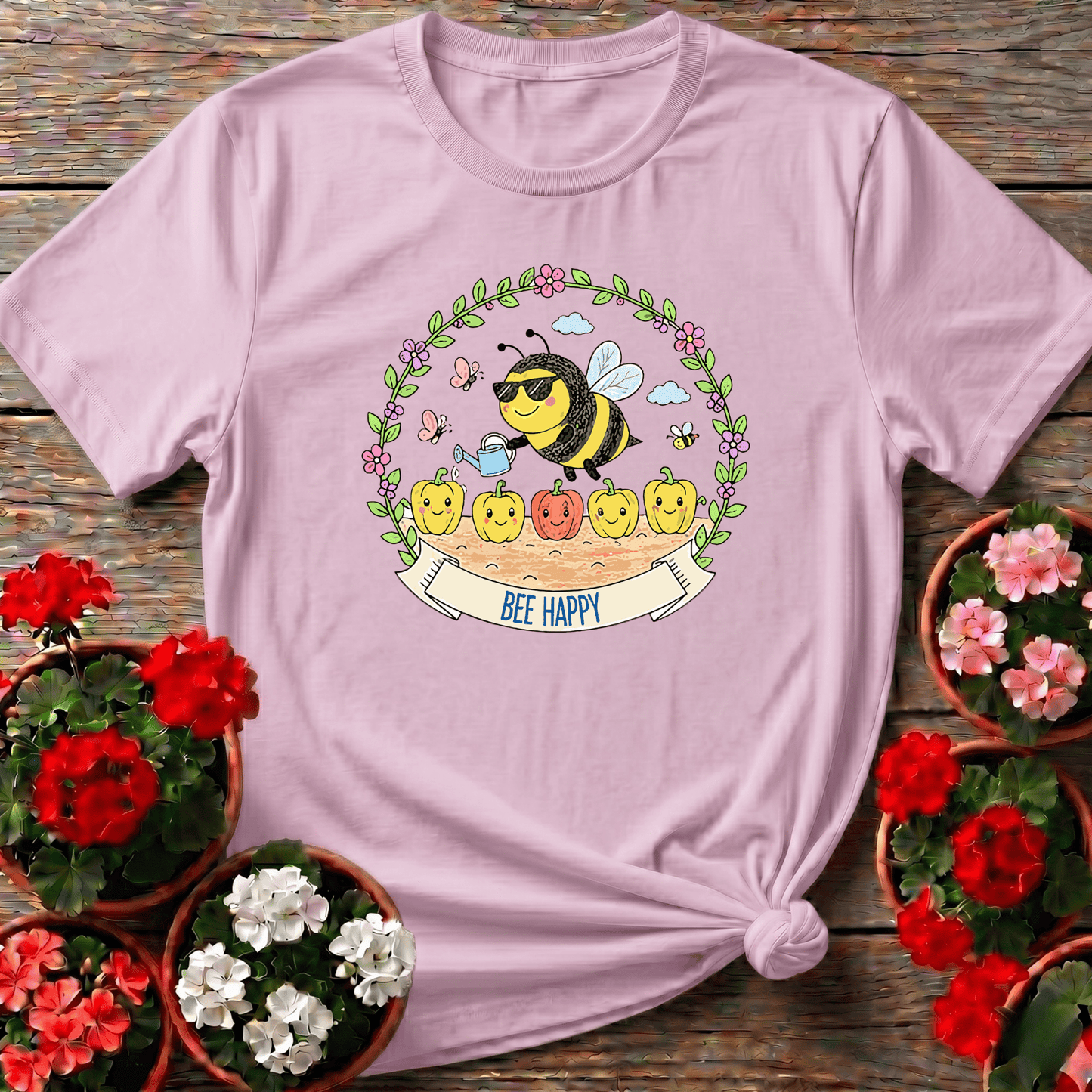 Bee Happy Gardening Tee with Cute Bee Watering Peppers - GardeningTshirts