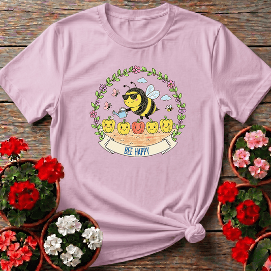 Bee Happy Gardening Tee with Cute Bee Watering Peppers - GardeningTshirts