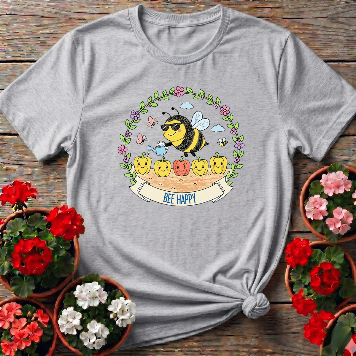 Bee Happy Gardening Tee with Cute Bee Watering Peppers - GardeningTshirts