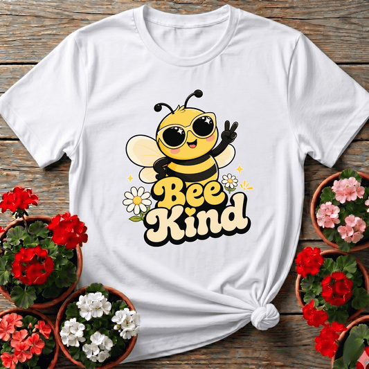White groovy cottagecore bee kind shirt with cheerful cartoon bee in sunglasses for nature-loving gardeners