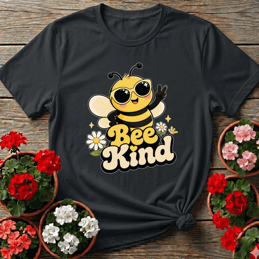 Black retro kawaii gardening tee with "Bee Kind" sunglasses bee and daisy illustration for pollinator garden lovers