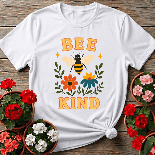 White cottagecore floral bee kind shirt with wildflowers and honeybee for pollinator garden lovers