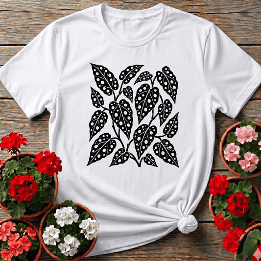 White modern botanical houseplant shirt featuring begonia maculata spotted leaf illustration for plant lovers