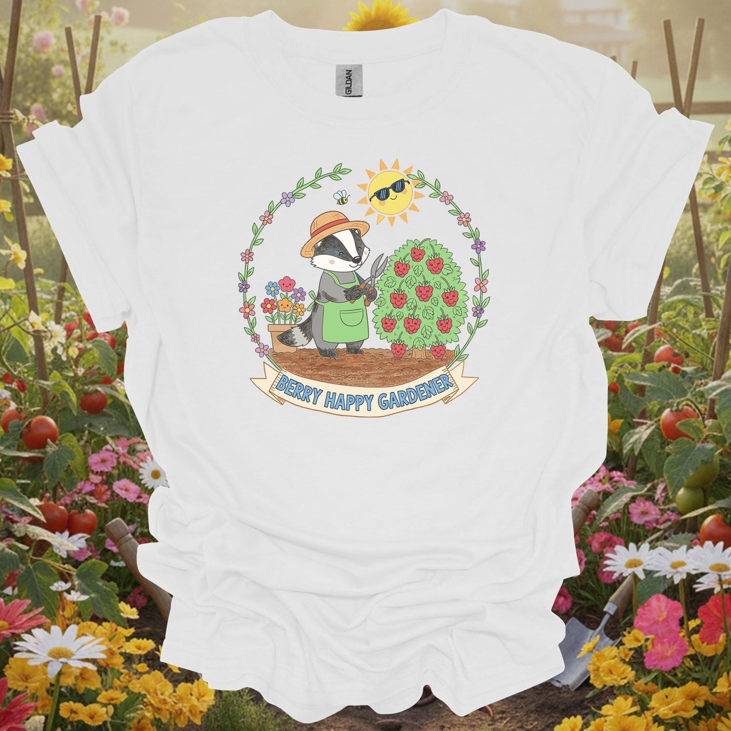 White tee showing : berry happy gardener badger harvesting berries for garden hobbyists