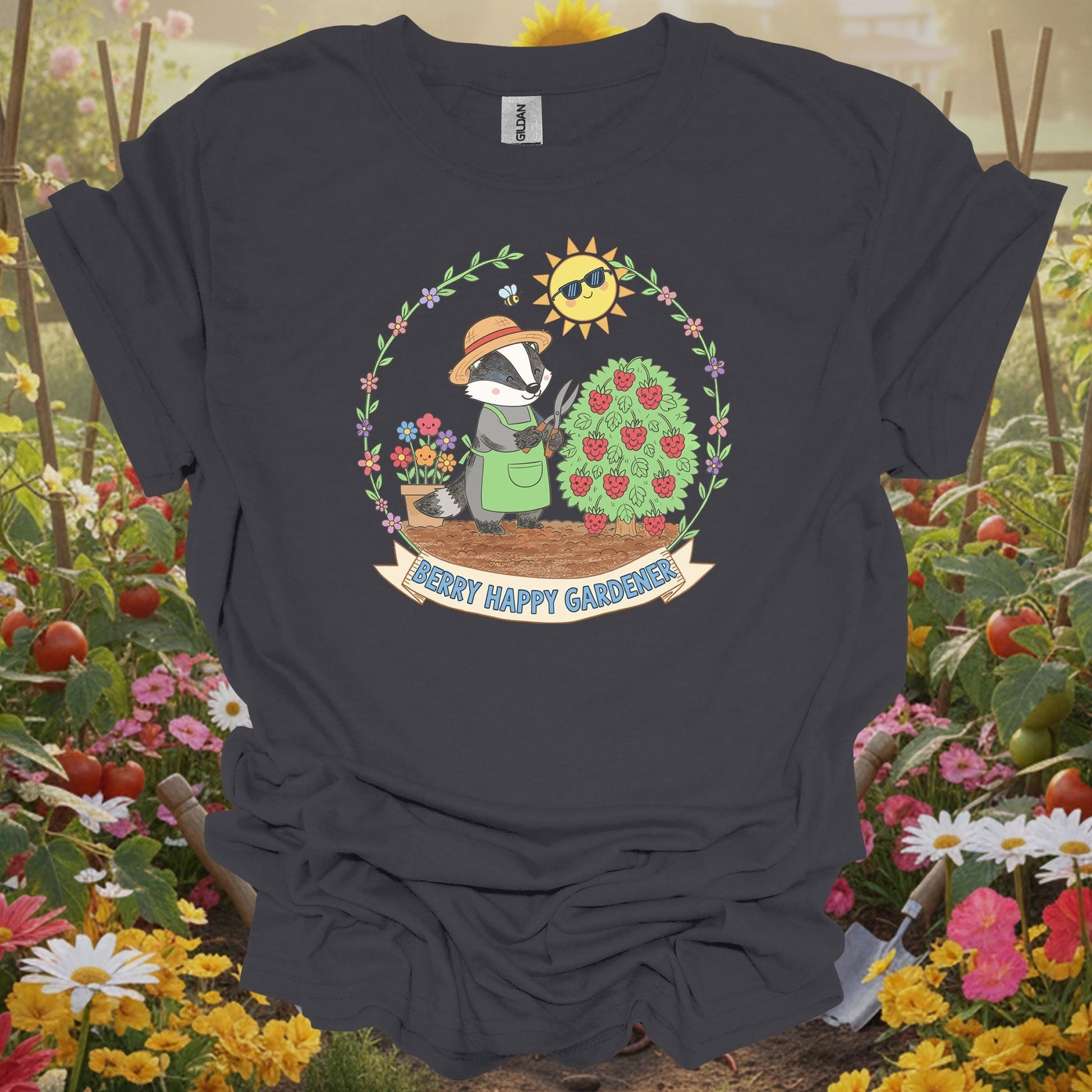 Charcoal tshirt showing : berry happy gardener badger harvesting berries for gardening enthusiasts